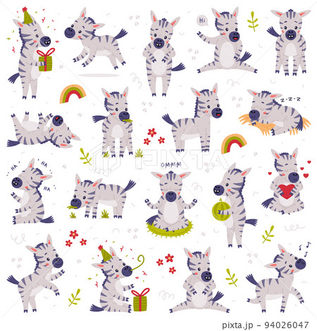 Funny Zebra as African Equine with Black-and-white Striped Coat Doing Different Activity Vector Set 94026047