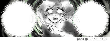 70年代少女漫画シミとシワが増え恐怖で白目になるおばさんの顔ドアップ 白黒ワイドサイズイラスト 94026409