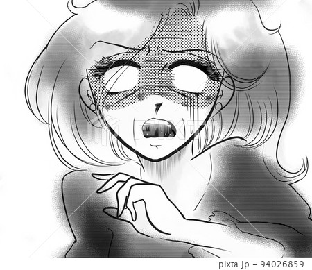 70年代少女漫画シミとシワが増え恐怖で白目になるおばさんの顔ドアップ 白黒ワイドサイズイラスト 94026859