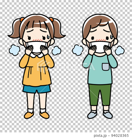 マスクをつけて発熱 息が苦しい表情の小さな女の子と男の子のイラスト 長袖 カラー のイラスト素材