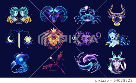 Twelve neon zodiac signs collection