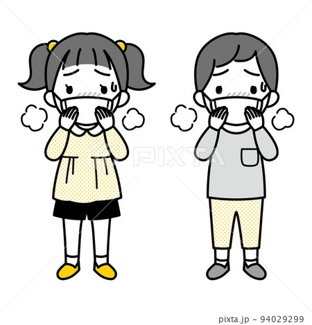 マスクをつけて発熱・息が苦しい表情の小さな女の子と男の子のイラスト（長袖・シンプル） 94029299
