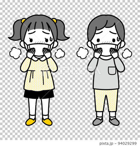マスクをつけて発熱・息が苦しい表情の小さな女の子と男の子のイラスト（長袖・シンプル） 94029299