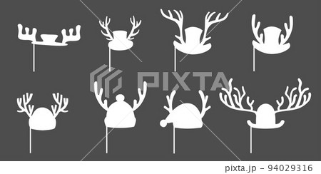 Christmas Santa hats with antlers set for photo prop box. Vector stock outline illustration isolated on black background for photo booth winter holiday industry. EPS10 94029316