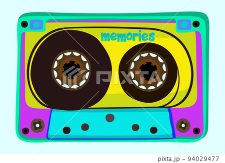 Vector bright illustration of audiocassette isolated on light blue background. Memories. 94029477