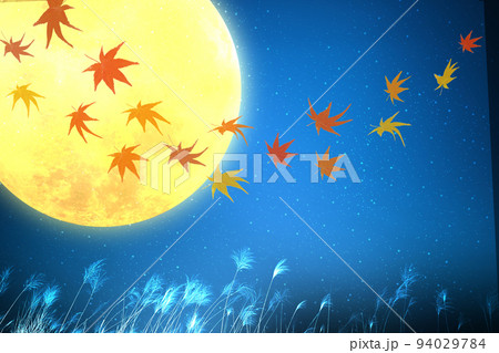 秋の夜空に舞い散る紅葉と満月 秋の夜空に舞い散る紅葉と満月 94029784