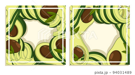 Festive square cards with Avocado cutting set. Avocado wedges and slices, halved and thinly sliced for salads and snacks. Cartoon vector in thin line Festive square cards with Avocado cutting set. Avocado wedges and slices, halved and thinly sliced for salads and snacks. Cartoon vector in thin line 94031489