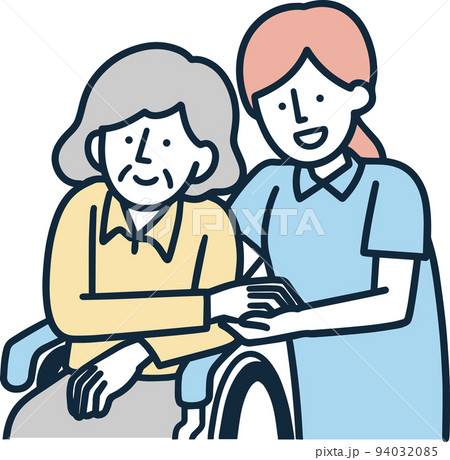 車いすに乗ったシニア女性と介護士の女性 94032085