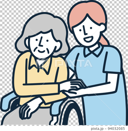 車いすに乗ったシニア女性と介護士の女性 94032085