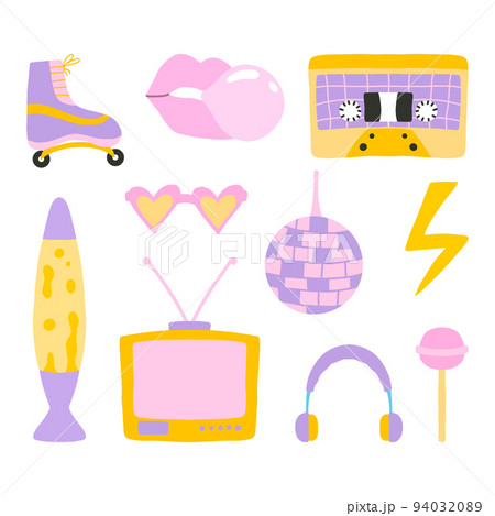Set of retro stickers. Collection of elements in the style of the 60s 70s. Vector illustration. Clip art in retro style. Retro objects. Cassette, rollers, disco ball, lollipop, TV. 94032089