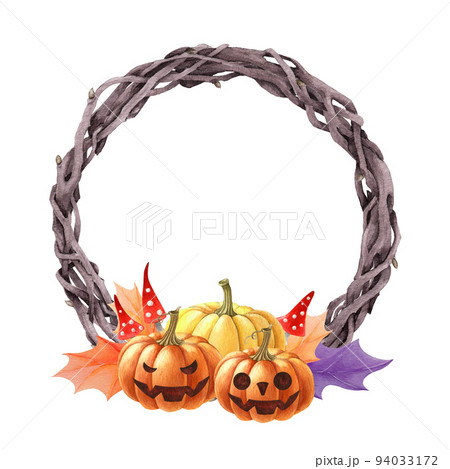Halloween decorative vine wreath with pumpkins. Watercolor illustration. Hand drawn halloween spooky decor with pumpkin jack heads, toadstool and leaves. White background Halloween decorative vine wreath with pumpkins. Watercolor illustration. Hand drawn halloween spooky decor with pumpkin jack heads, toadstool and leaves. White background 94033172