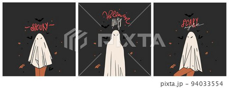 Hand drawn abstract vector graphic clipart illustration,Halloween holiday costume party adult people characters collection card template set.Creepy Halloween design poster concept.Happy Halloween art. 94033554