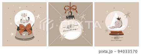 Hand drawn vector abstract graphic Merry Christmas and Happy new year clipart illustration of cat character cards collection set.Merry Christmas cute animals card design background.Winter holiday art. 94033570