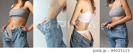 Cropped images of bodies of young slim women with perfect body shapes in oversize jeans isolated over grey background. Cropped images of bodies of young slim women with perfect body shapes in oversize jeans isolated over grey background. 94035115