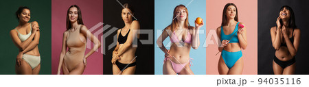 Collage. Portraits of young beautiful different women in lingerie isolated over multicolored background. Concept of beauty, body and skin care, fashion, ad Collage. Portraits of young beautiful different women in lingerie isolated over multicolored background. Concept of beauty, body and skin care, fashion, ad 94035116
