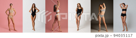 Full-length portraits of young beautiful different women in underwear isolated over multicolored background. Concept of natural beauty, body and skin care, fashion, ad Full-length portraits of young beautiful different women in underwear isolated over multicolored background. Concept of natural beauty, body and skin care, fashion, ad 94035117