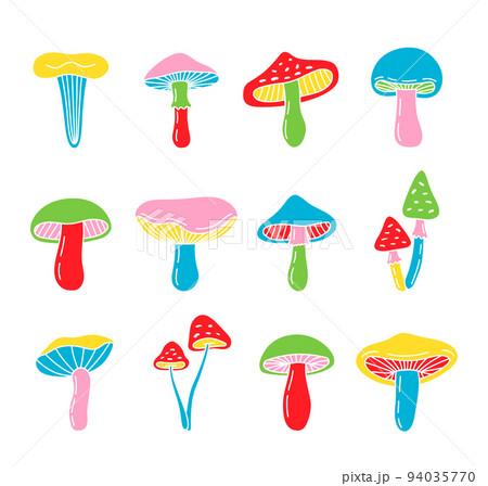 Set of mushroom icons. Colored mushrooms symbols. Chanterelle, amanita muscaria, truffle, porcini, honey agarics, morels. Vector illustration Set of mushroom icons. Colored mushrooms symbols. Chanterelle, amanita muscaria, truffle, porcini, honey agarics, morels. Vector illustration 94035770