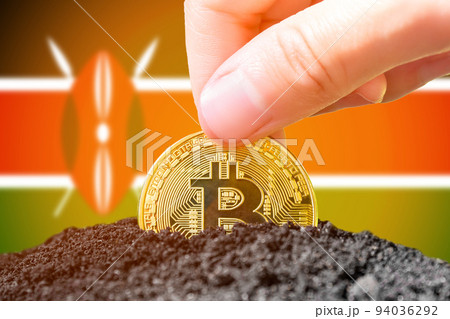 Legalization of bitcoins in Kenya. Planting a Bitcoin in the ground on the background of the flag of Kenya. Kenya - investment in cryptocurrency. Legalization of bitcoins in Kenya. Planting a Bitcoin in the ground on the background of the flag of Kenya. Kenya - investment in cryptocurrency. 94036292