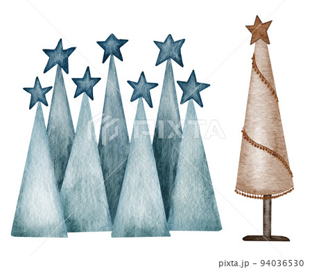 Christmas modern farmhouse decor. Modern Christmas tree. Wooden decoration. Watercolor Illustration. 94036530