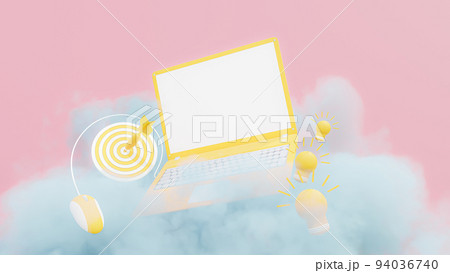 Yellow laptop Mock-Up with light bulbs and dartboard floating on blue cloud fluff on pink background. 3D Render. Yellow laptop Mock-Up with light bulbs and dartboard floating on blue cloud fluff on pink background. 3D Render. 94036740