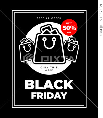 Advertising banner with a big inscription black friday, three shopping baskets on the white circle. Black friday, up to 50 percent off. Discount promotion layout banner  94037139