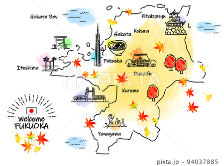 秋の福岡の観光地シンプル線画イラストマップ 94037885