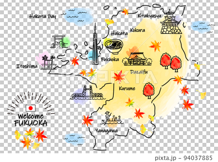 秋の福岡の観光地シンプル線画イラストマップ 94037885