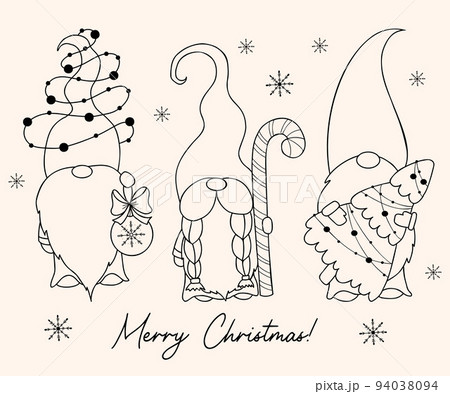 Cute christmas Scandinavian gnomes. New year gnome with christmas tree, garland and Christmas ball and caramel stick. Vector illustration. Linear hand drawing Doodle. Isolated winter characters. 94038094