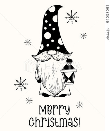 Scandinavian garden gnome with lantern. Snow gnome for winter and christmas doodle cartoon style. Vector illustration, hand drawing. Merry Christmas greeting card. 94038095
