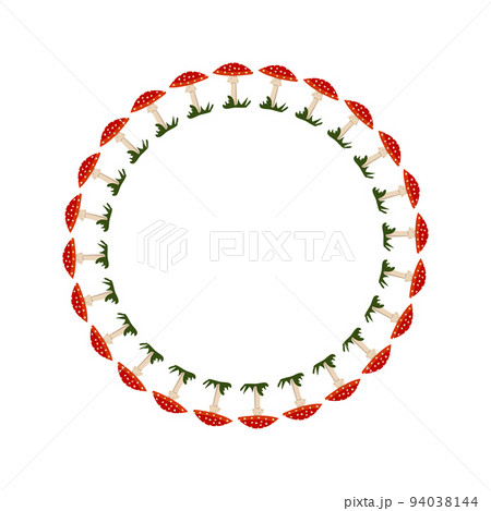 Round frame with red fly agaric mushroom with white dots. Bright autumn wreath with gifts of nature and empty space for text. Decoration for halloween and holiday. Vector flat illustration Round frame with red fly agaric mushroom with white dots. Bright autumn wreath with gifts of nature and empty space for text. Decoration for halloween and holiday. Vector flat illustration 94038144