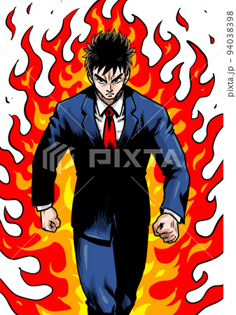炎を背に一歩踏み出すビジネスマンの劇画マンガ風カット 94038398