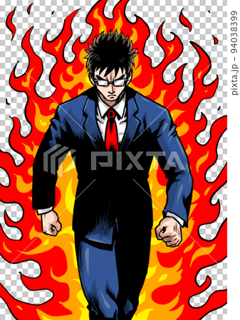 Gekiga manga-style cut of a businessman who takes a step forward with the flame behind 94038399