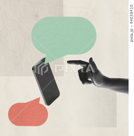 Contemporary art collage. Conceptual image. Male hand reaching phone screen with speech bubble appearing Contemporary art collage. Conceptual image. Male hand reaching phone screen with speech bubble appearing 94038410