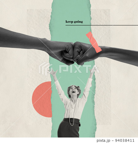Contemporary art collage. Conceptual image. Cheerful, happy girl celebrating success. Two fists reaching each other Contemporary art collage. Conceptual image. Cheerful, happy girl celebrating success. Two fists reaching each other 94038411