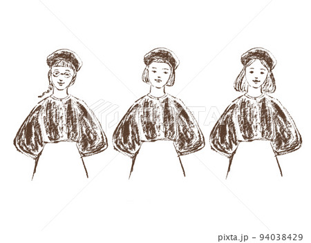 おそろいのベレー帽と服を着た3人の女の子 94038429
