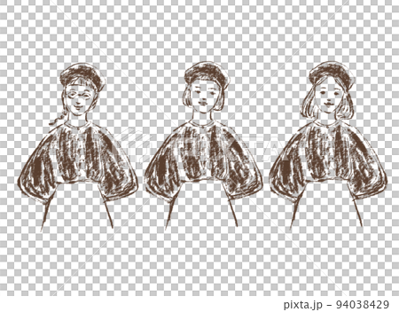 おそろいのベレー帽と服を着た3人の女の子 94038429