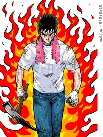 炎を背に一歩踏み出す工事現場作業員の劇画マンガ風イラスト 94038510