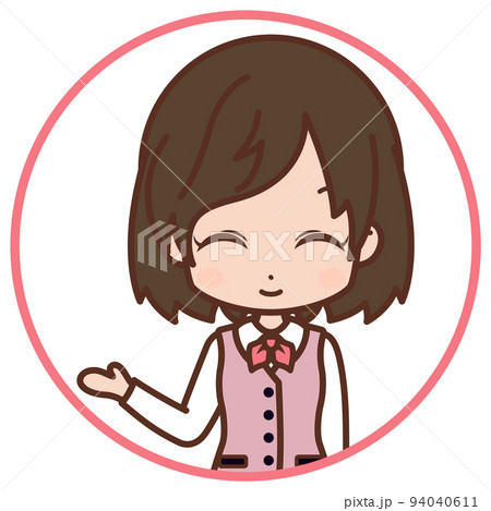 ニコニコ案内する女性・右手をあげる・円形フレーム（ピンク）/スーツ・若い・OL【1】 94040611