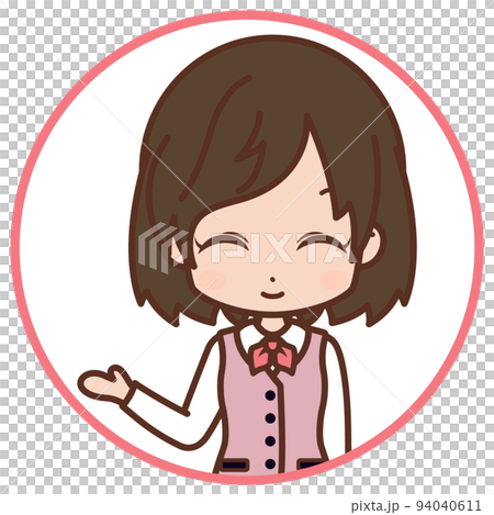 ニコニコ案内する女性・右手をあげる・円形フレーム（ピンク）/スーツ・若い・OL【1】 94040611