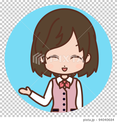 ニコニコ案内する女性・右手をあげる・円形フレーム（青）/スーツ・若い・OL【1】 94040684