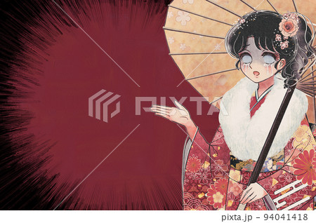 昭和レトロ少女漫画風・ショックで固まる振袖着物姿の新成人 94041418