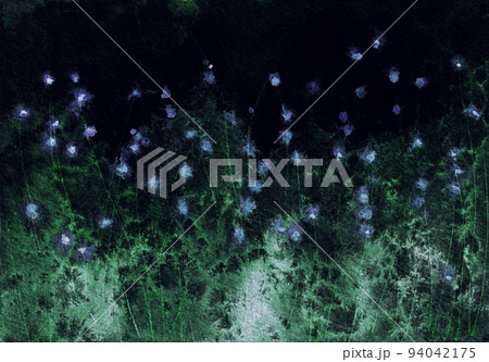 Beautiful night meadow landscape. Blue flowers with green leaves and grass on dark background.  94042175