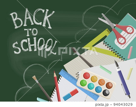 Back to school design layout with green chalkboard and various accessories 94043029