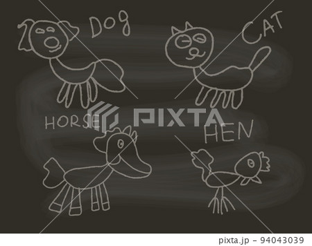 Childlike funny doodle vector design. Dog, cat, hen and horse with scribbles. Chalk drawn set on blackboard Childlike funny doodle vector design. Dog, cat, hen and horse with scribbles. Chalk drawn set on blackboard 94043039