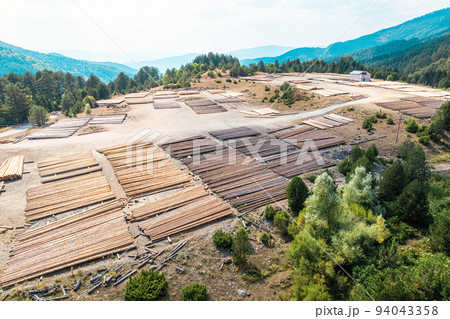 Aerial view of sawmill with timber, chopped a lot of pine tree wood logs. Top, drone view Aerial view of sawmill with timber, chopped a lot of pine tree wood logs. Top, drone view 94043358