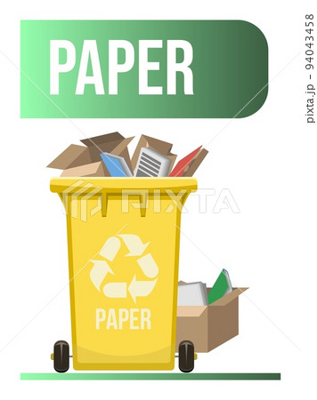 Yellow garbage container with separated paper waste. Waste management design template. Isolated on white background 94043458