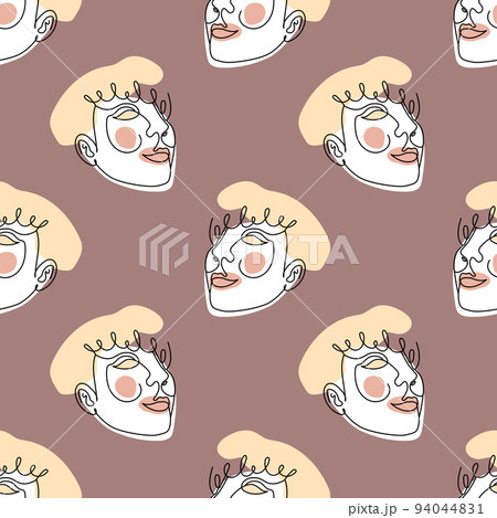 Seamless pattern with one single line drawings of female face and abstract shapes Seamless pattern with one single line drawings of female face and abstract shapes 94044831