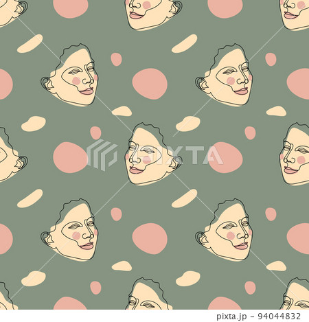 Seamless pattern with one single line drawings of female face. 94044832