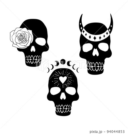 Set of black silhouettes of mystical skulls with heart, moon phases and rose flower. 94044853