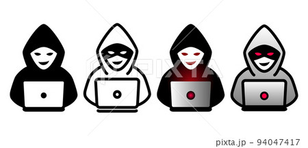 フードを被ったサイバー攻撃を行うハッカー集団のベクターアイコンイラスト素材セット 94047417